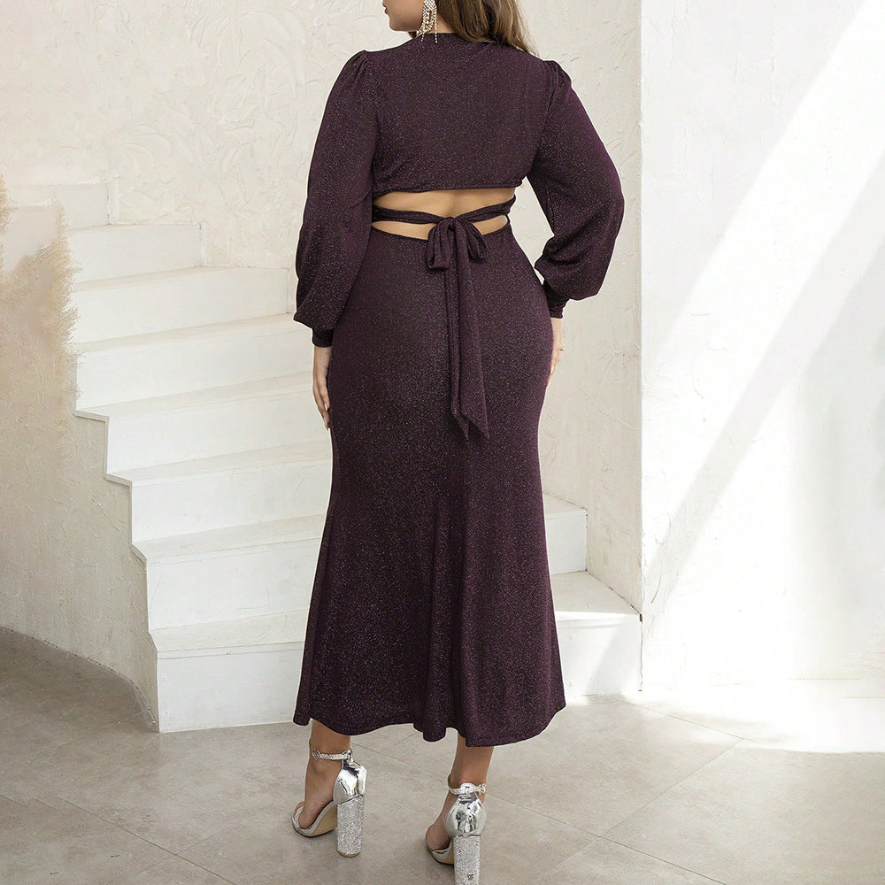 Purple V-neck Long Sleeve Dress