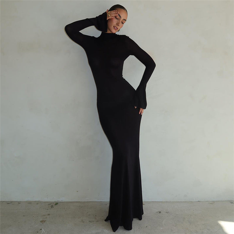 Round Neck Long Sleeve Slim-fit Hollowed Out Dress