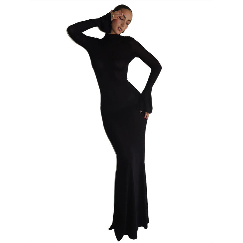 Round Neck Long Sleeve Slim-fit Hollowed Out Dress