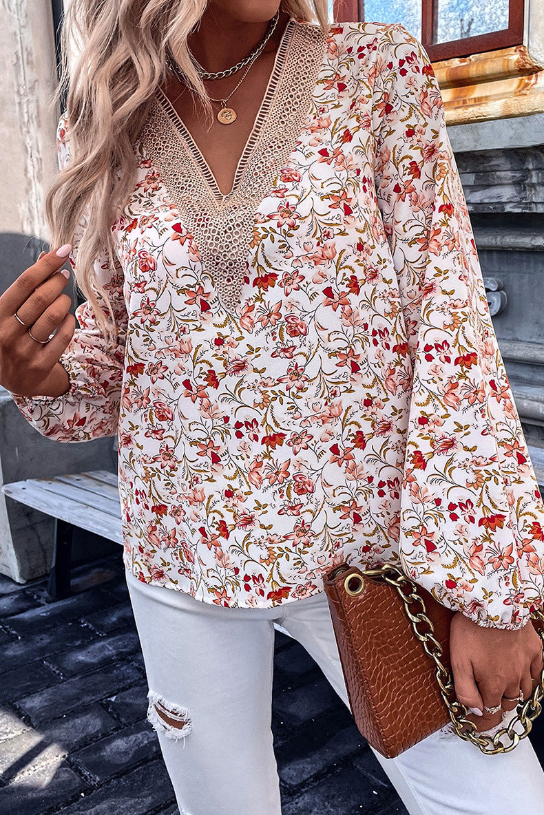 V-neck Chiffon Floral Printed Long-sleeved Top