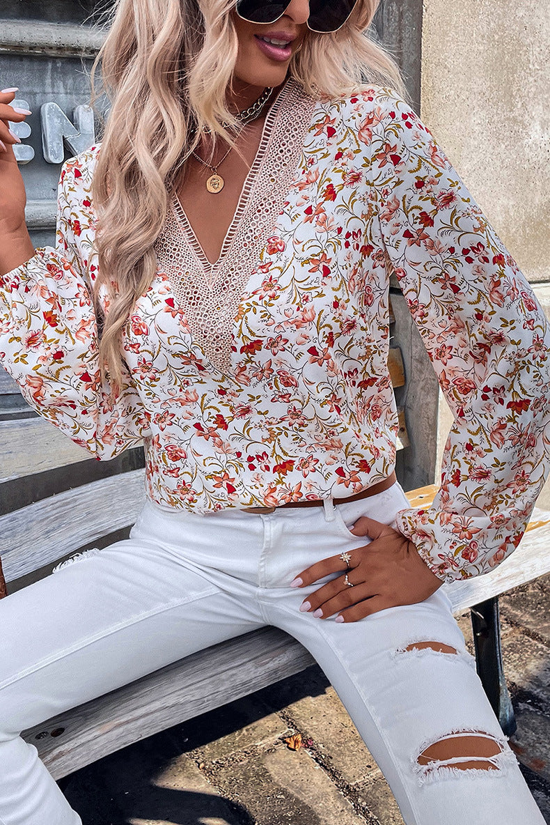 V-neck Chiffon Floral Printed Long-sleeved Top