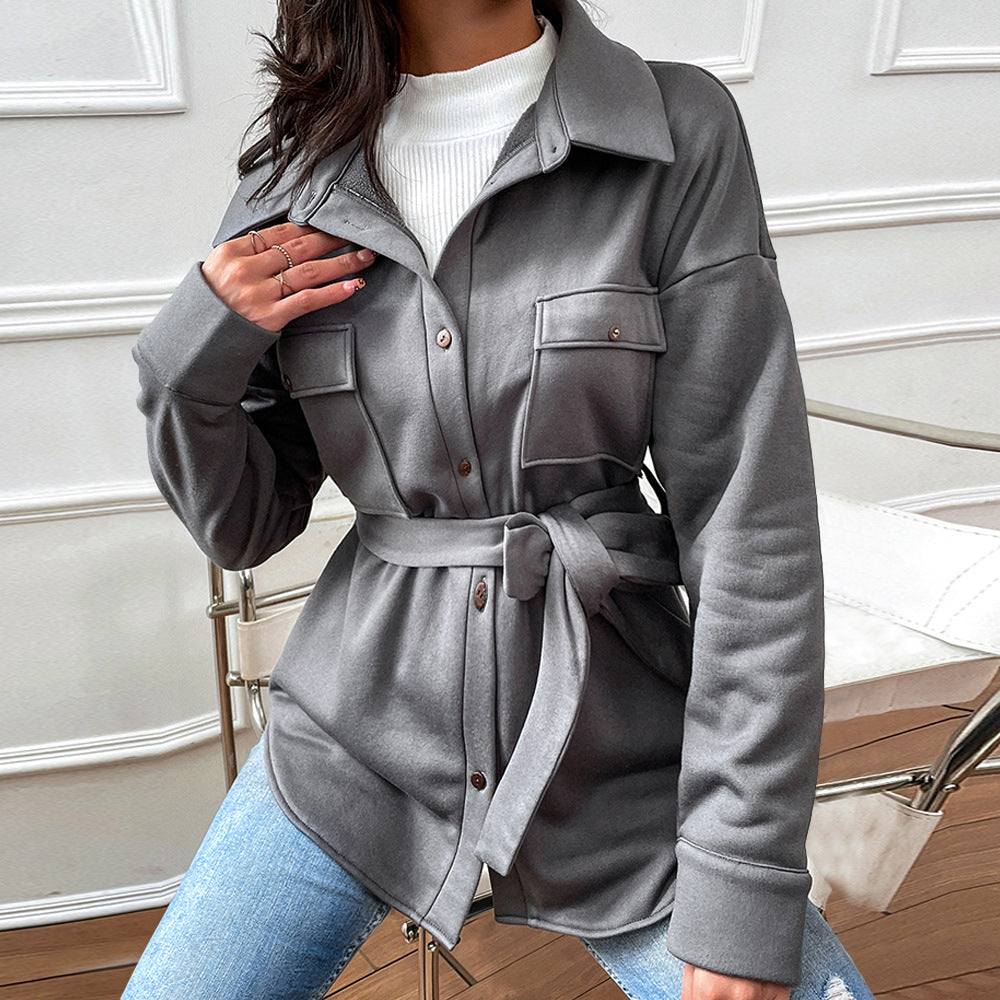 Long Sleeve Solid Color Belt Shirt Coat