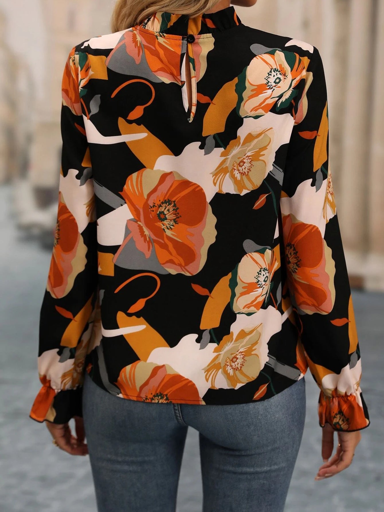 Ruffled Collar Printed Long Sleeve Shirt