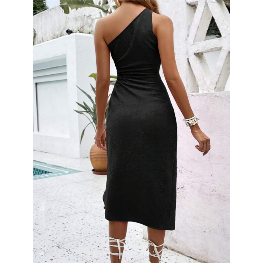 Oblique Shoulder Cut Knot Split Thigh Dress