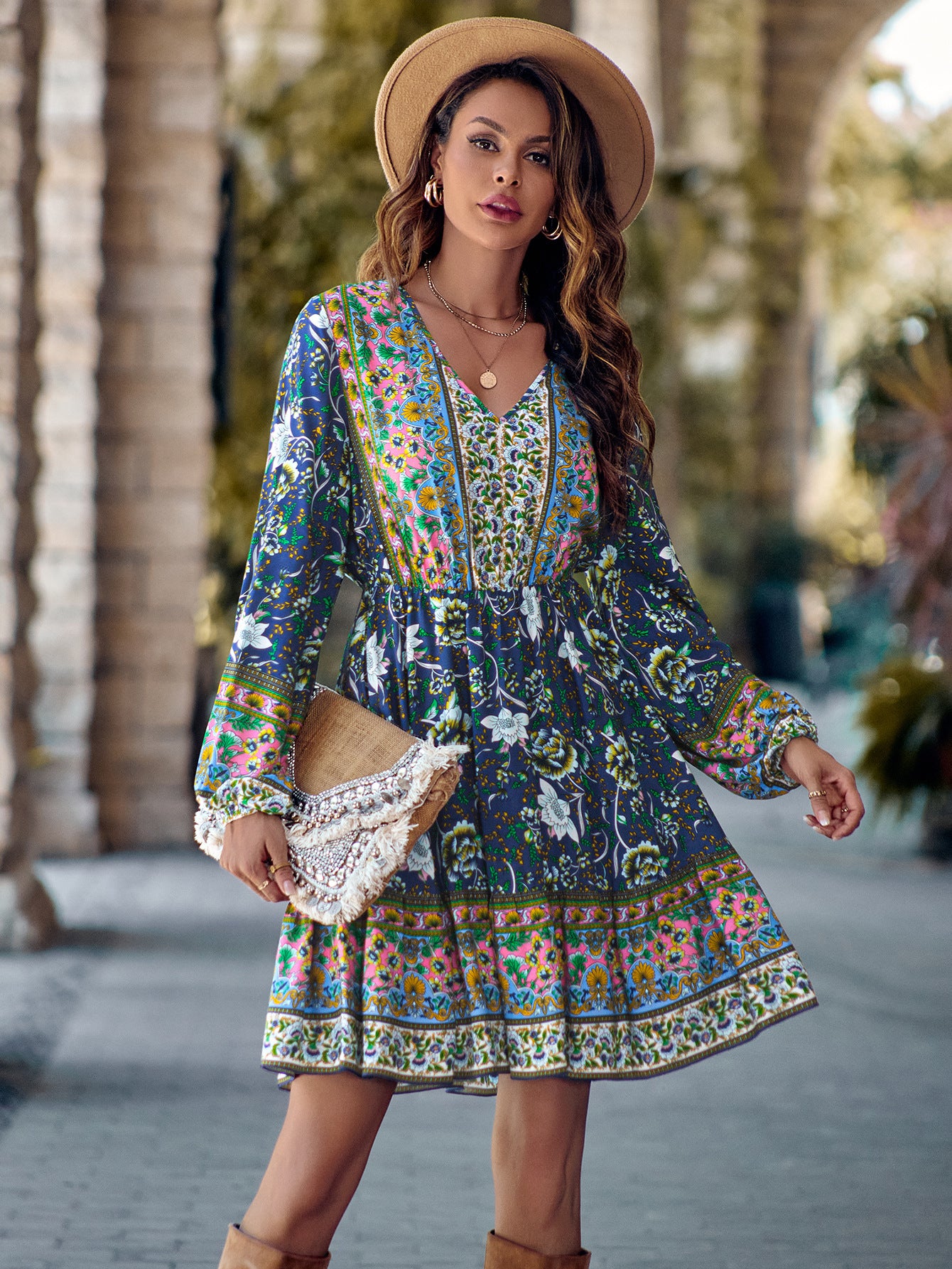 Printed V-neck Long Sleeves Dress