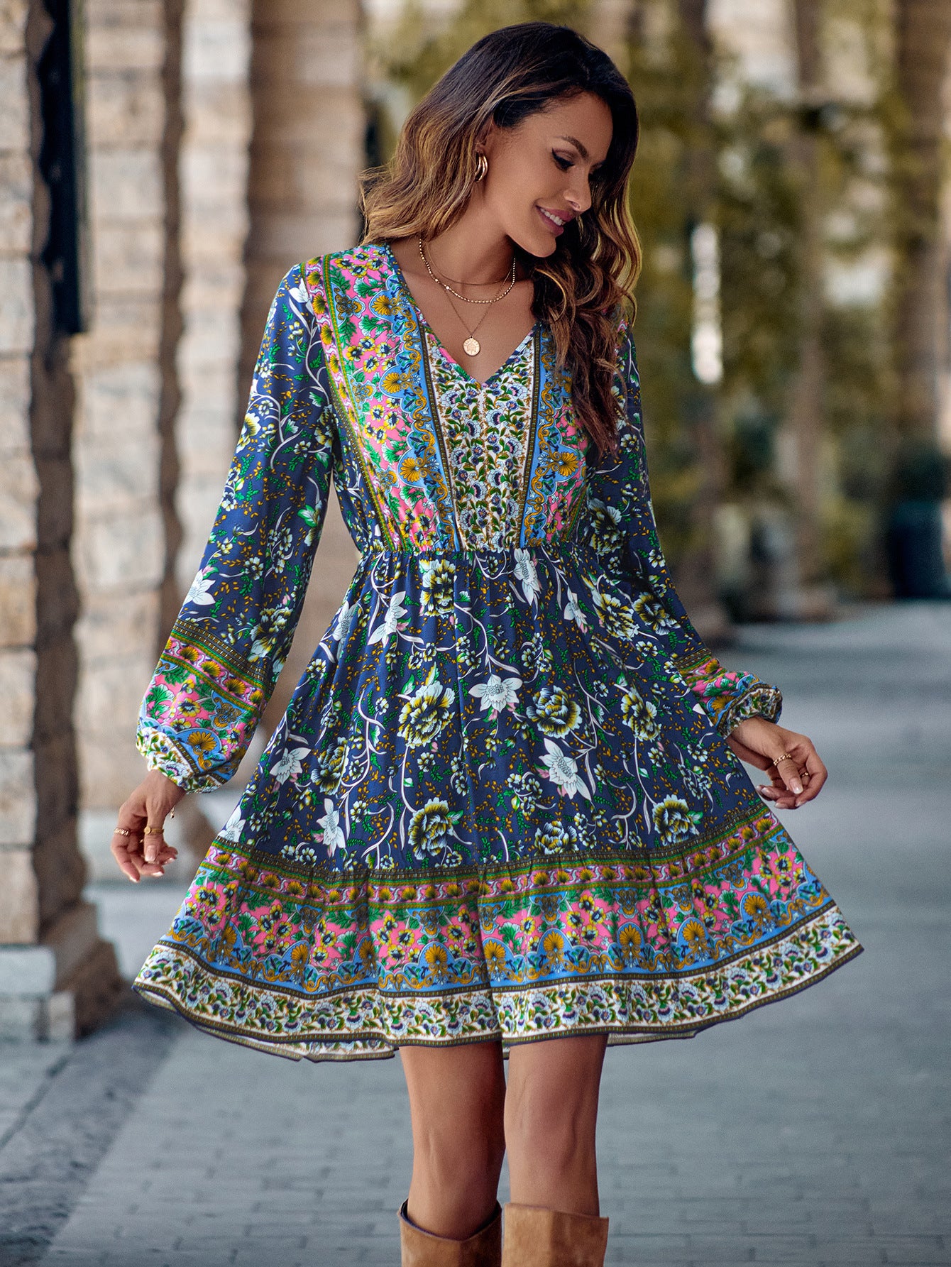 Printed V-neck Long Sleeves Dress