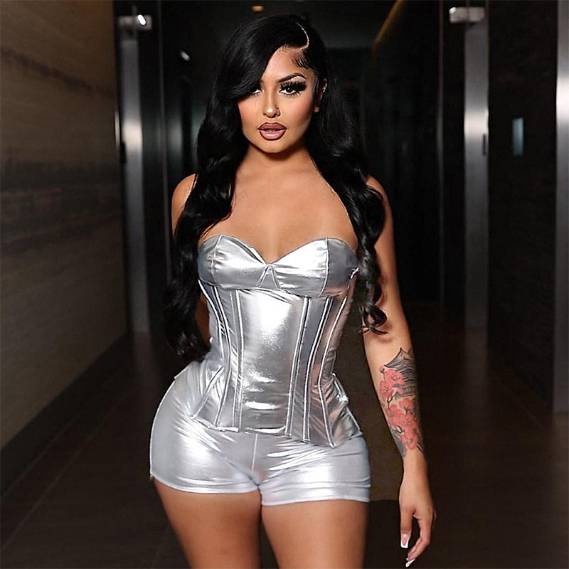 Metallic Body Shaping Tube Top And Shorts Two-piece Set