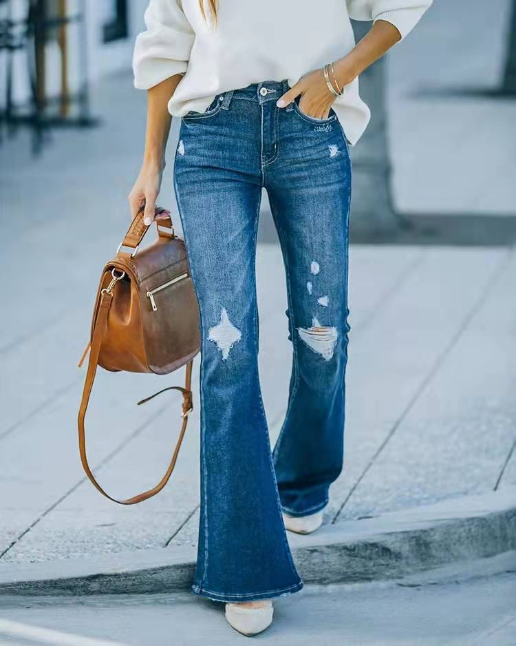 Washed Bell-bottom Pants Elastic Ripped Denim