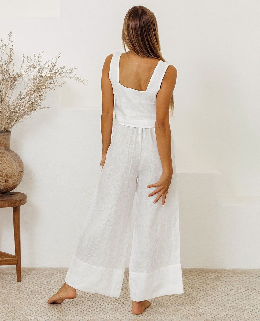 Cotton And Linen Sleeveless Vest and Trousers Suit