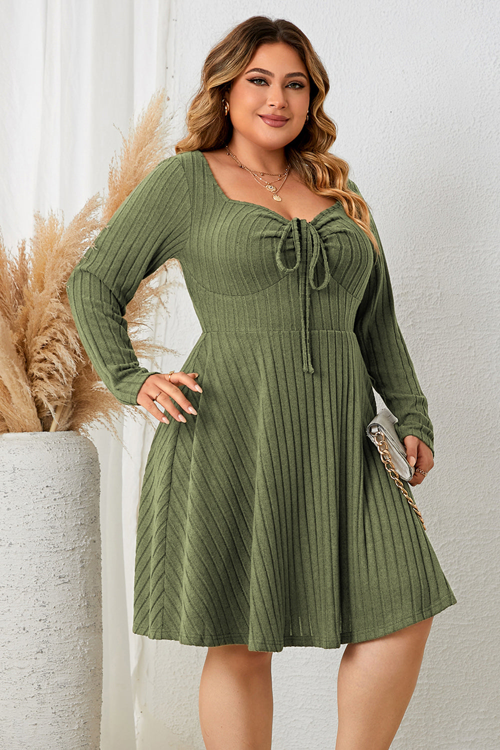 Sweetheart Neck Long Sleeve Ribbed Plus Dress