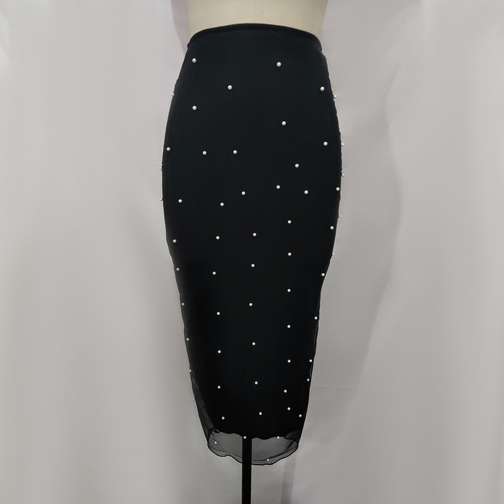 Mesh Beaded Pencil Skirt