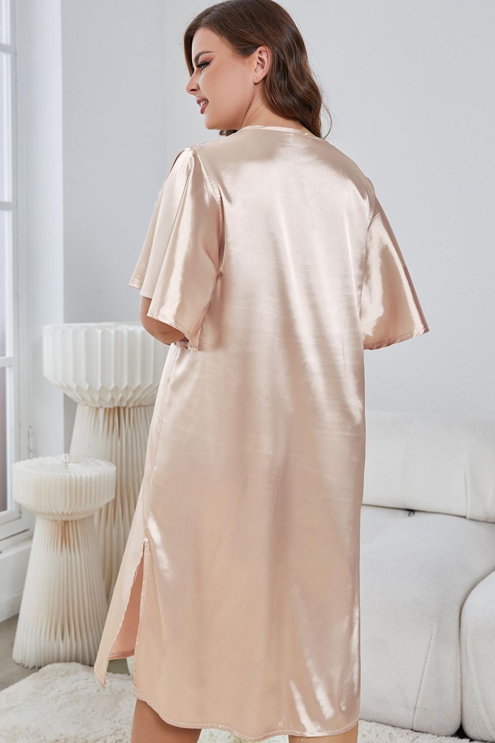 Flutter Sleeve Plus V-Neck Side Slit Night Gown