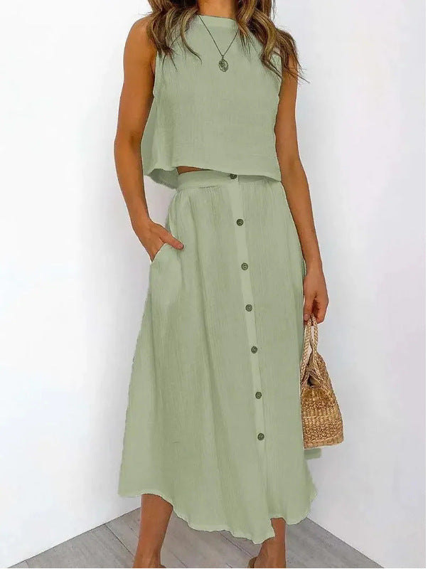 Simple Round Neck Vest Shirt Mid-length Dress Two-piece Suit