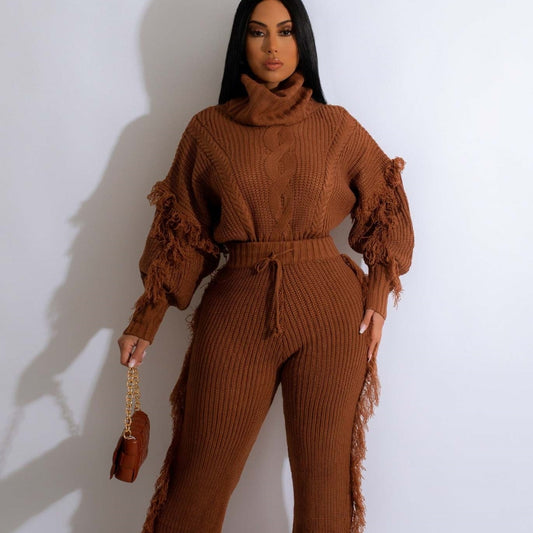 Knitted Long Sleeve Turtleneck Tassel Suit