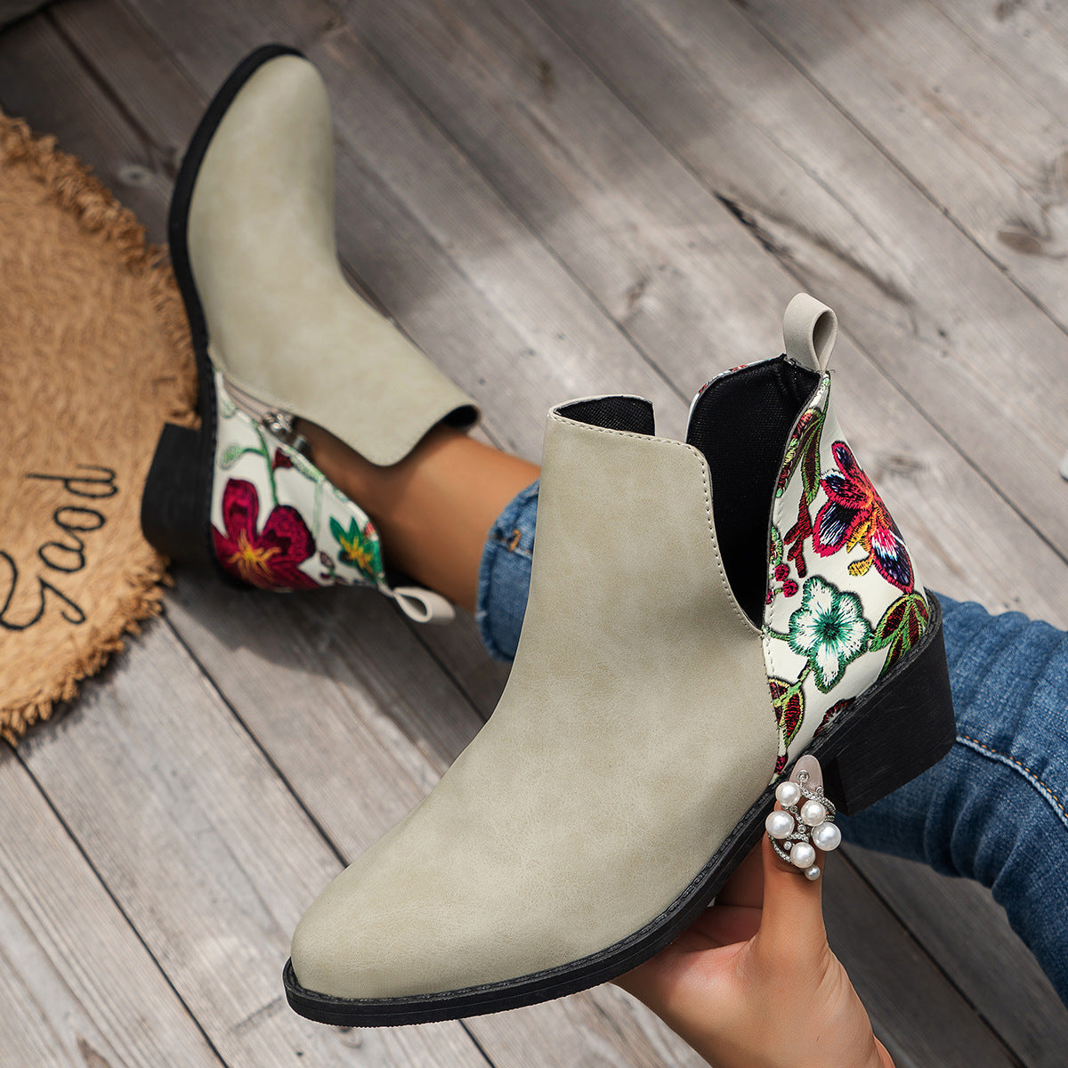 Flowers Printed Ankle Boots Side Zipper V-cut