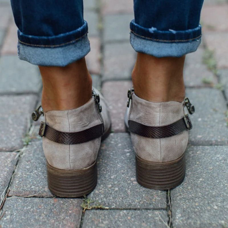 Ankle Boots With Side Zipper Belt Buckle