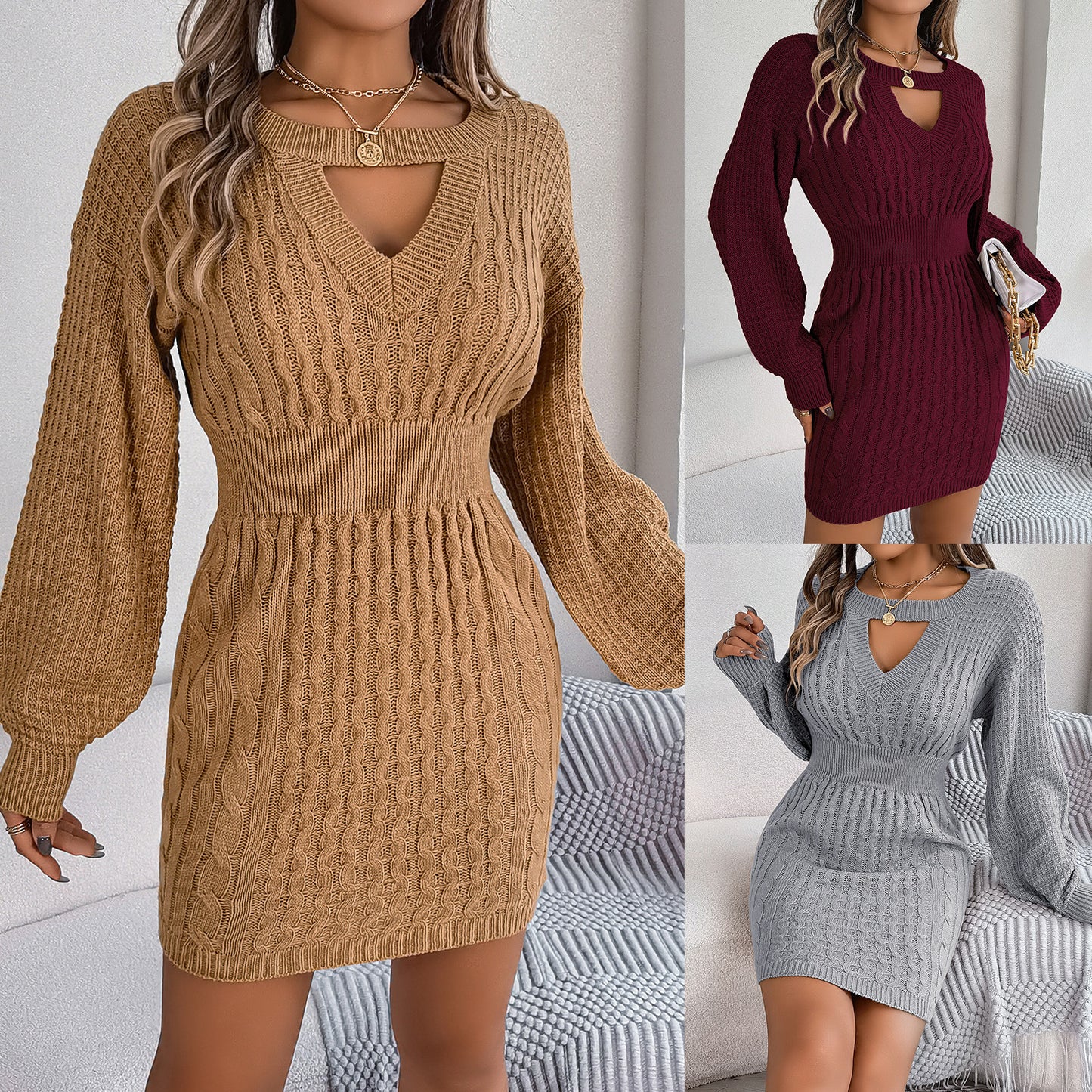 Hollow-out Lantern Sweater Dress