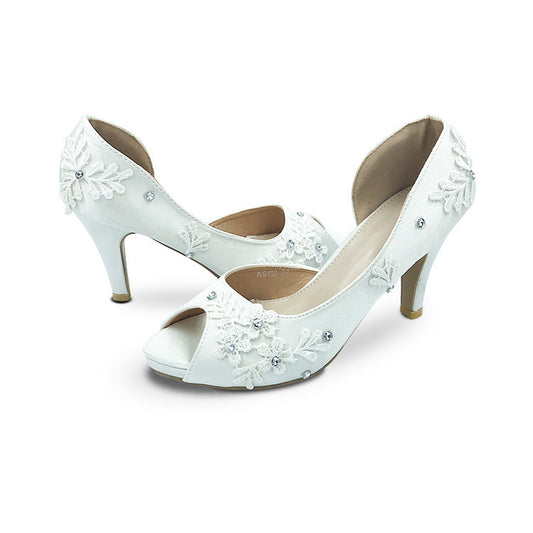 White Lace Flower Ribbon Stiletto Shoes