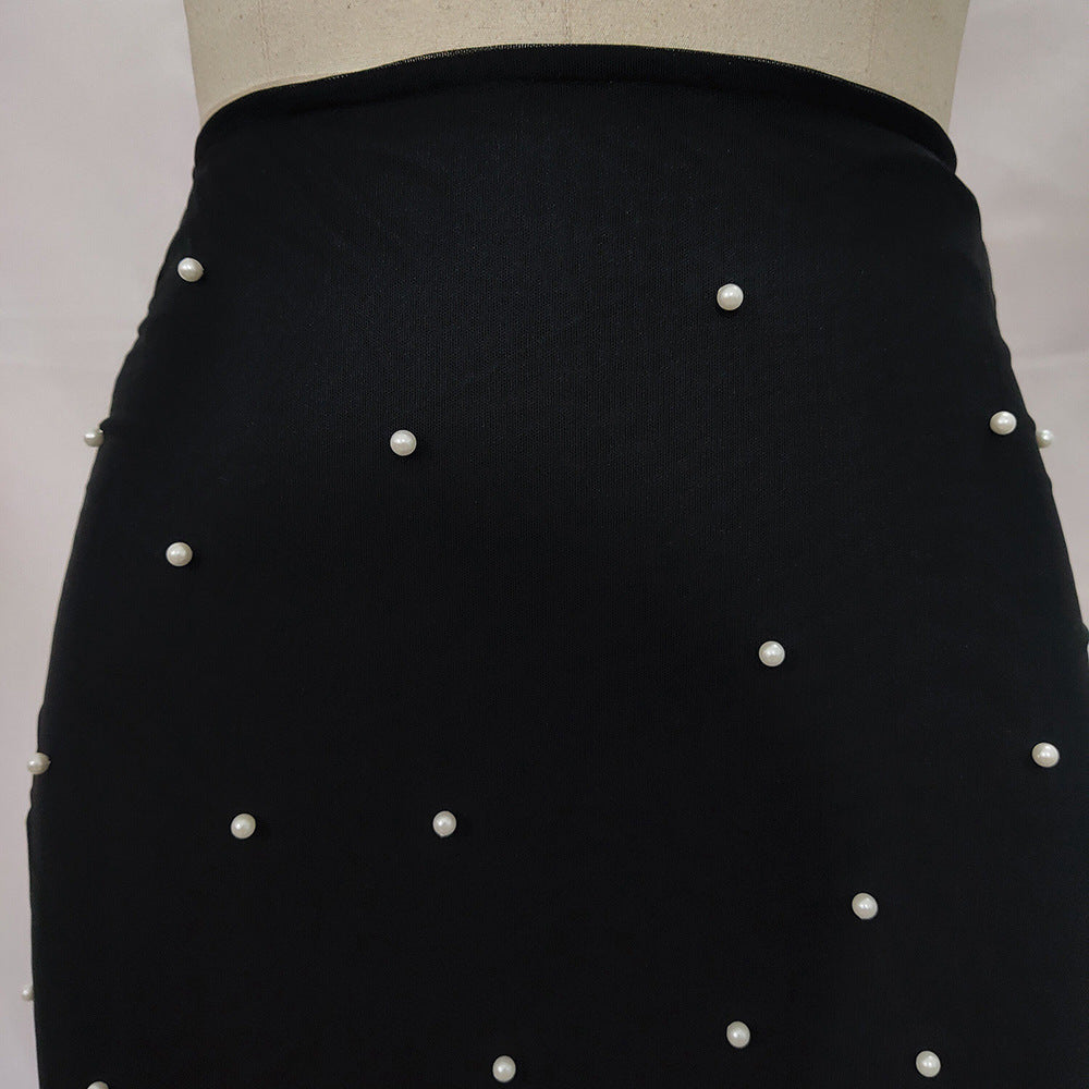 Mesh Beaded Pencil Skirt