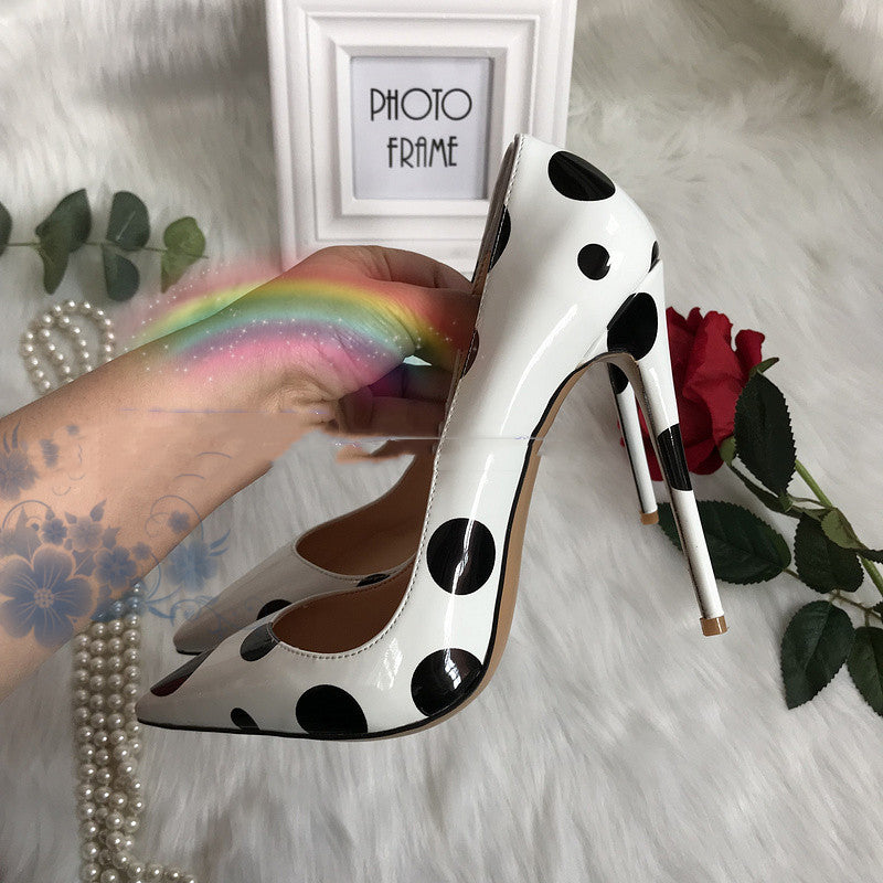 White Patent Leather Black Polka Dot Heels