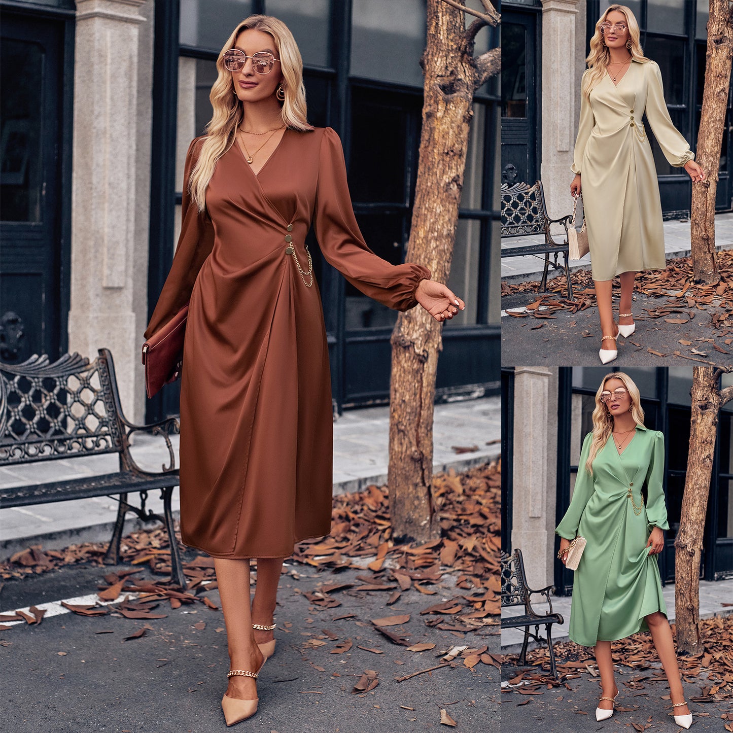 V-neck Solid Color Tie Waist Long Sleeve Dress