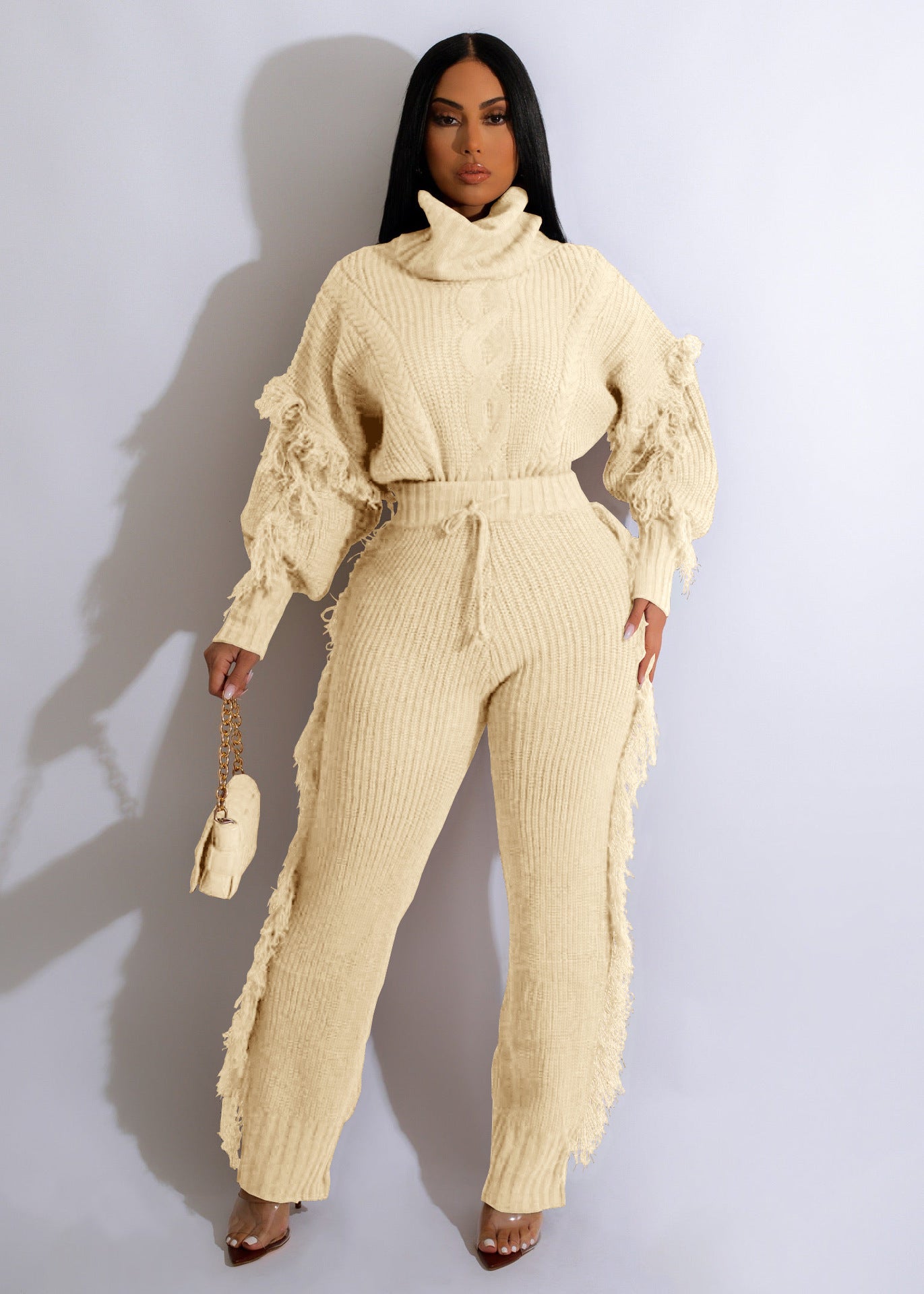 Knitted Long Sleeve Turtleneck Tassel Suit