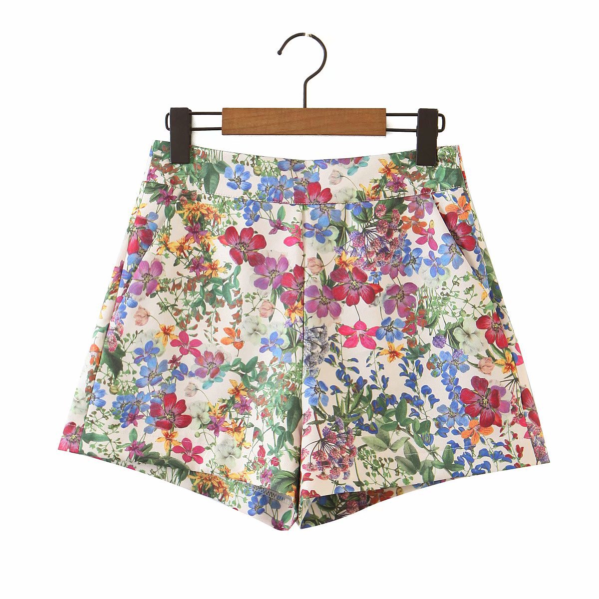 High waist side zip design floral print shorts