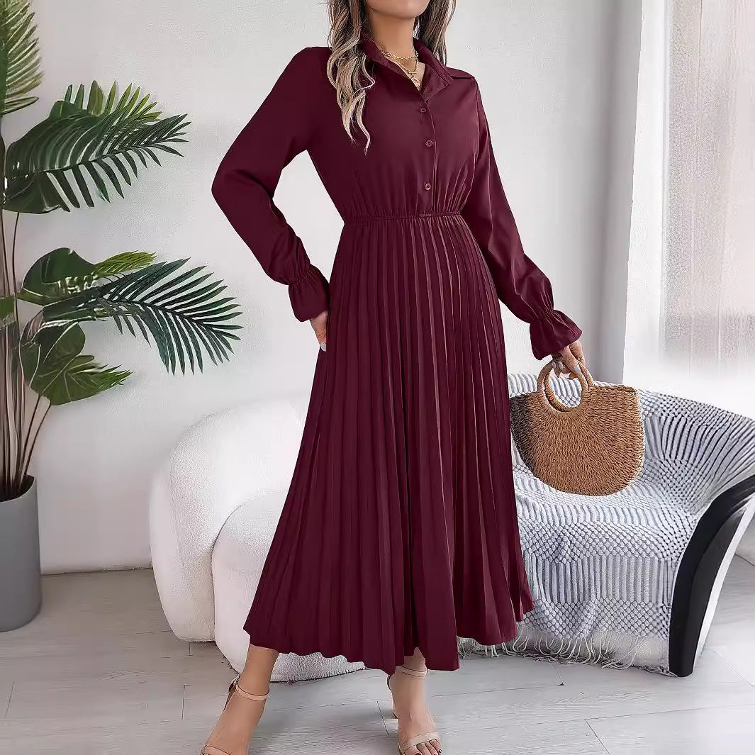 Long Sleeve Cinched Pleated Dress