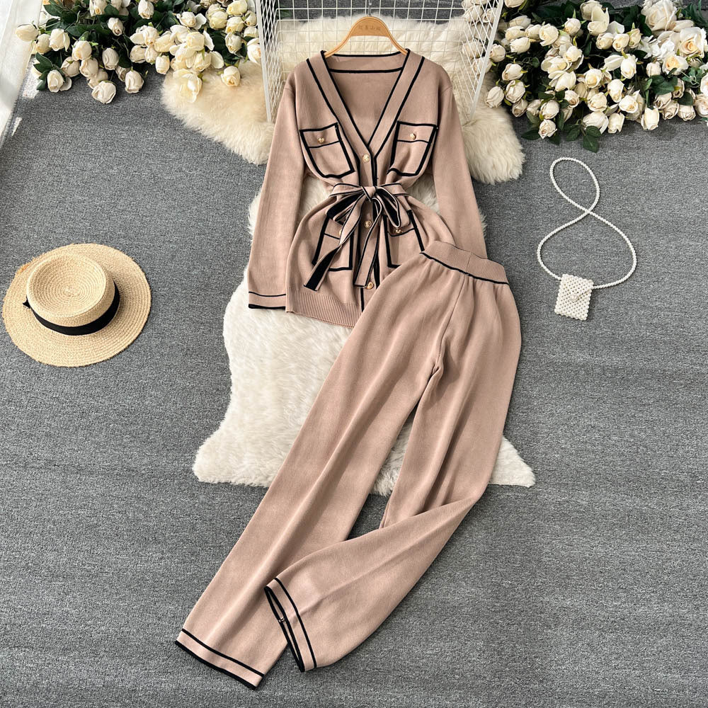 Women's Long Sleeve V-neck Lace-up Knitwear Draping Wide Leg Trousers Two-piece Set