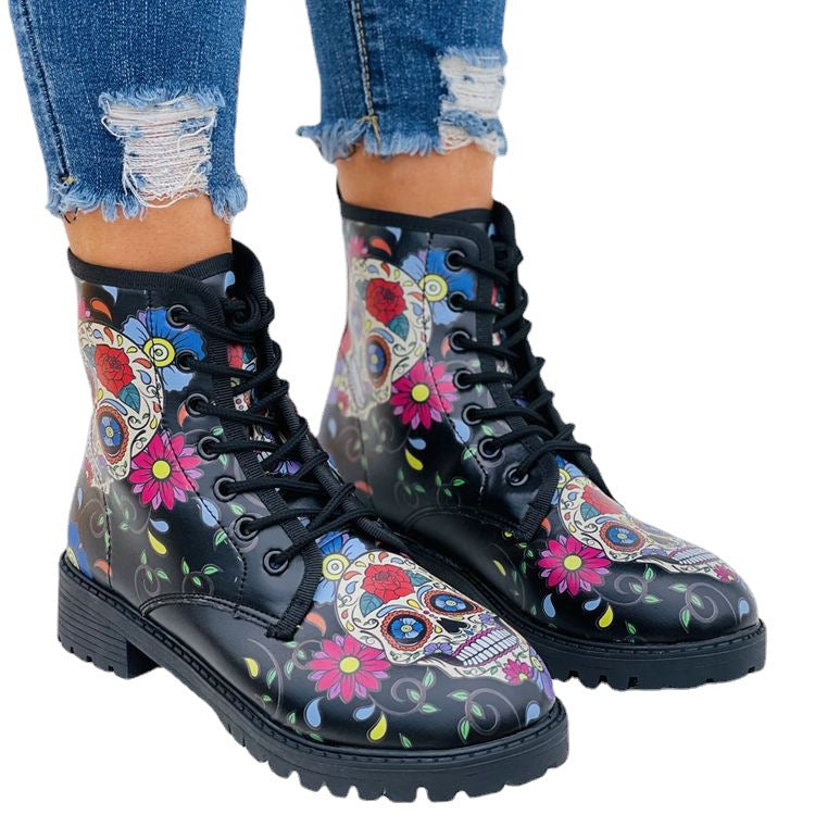 Skull Printed Ankle Boots