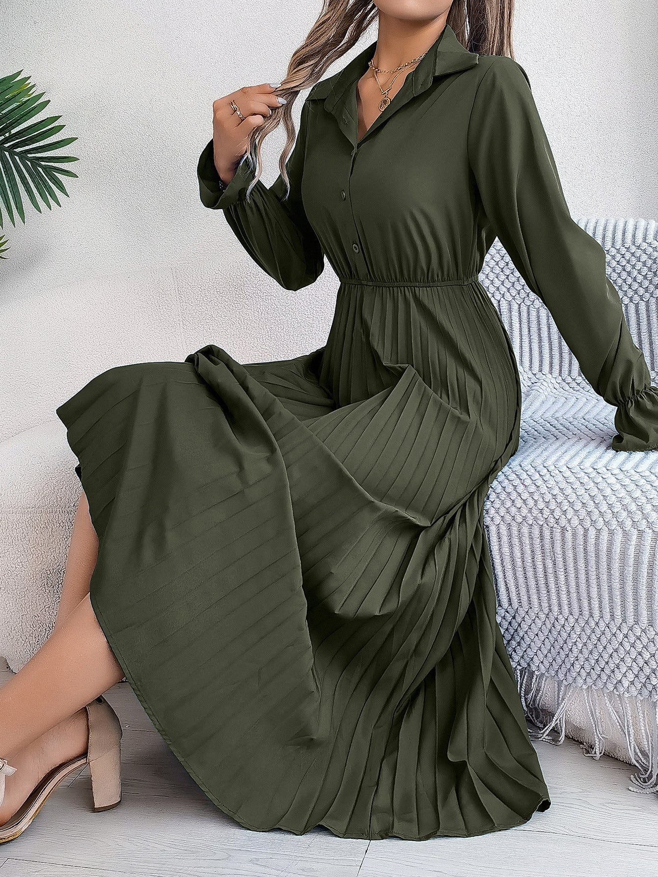 Long Sleeve Cinched Pleated Dress