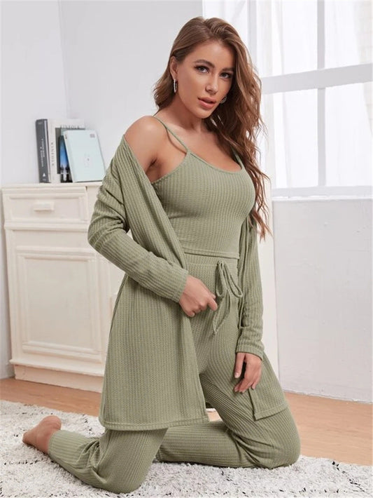 Three-piece Waffle Knitted Top And Trousers With Robe