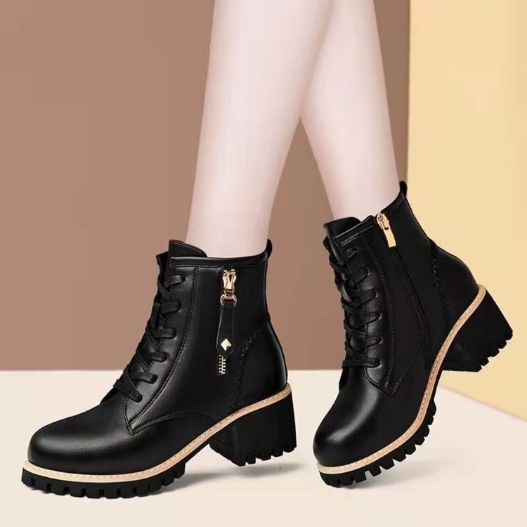 Fleece Side Zipper Mid-heel Boots