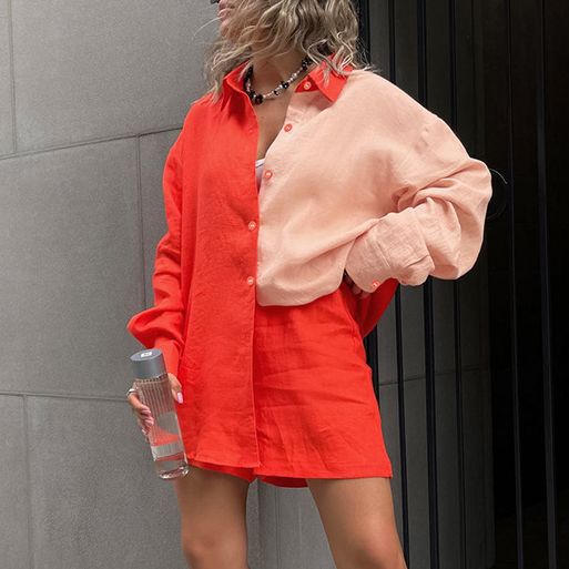 Contrast Color Long Sleeve Shirt Shorts Suit