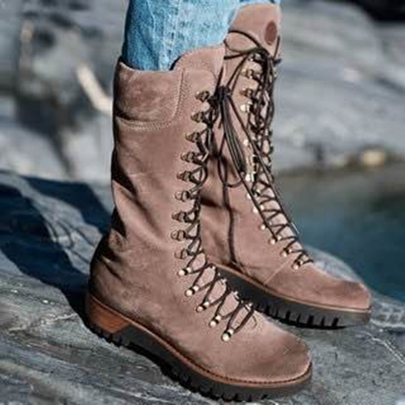 Lace Up Mid Sleeve Leather Boots