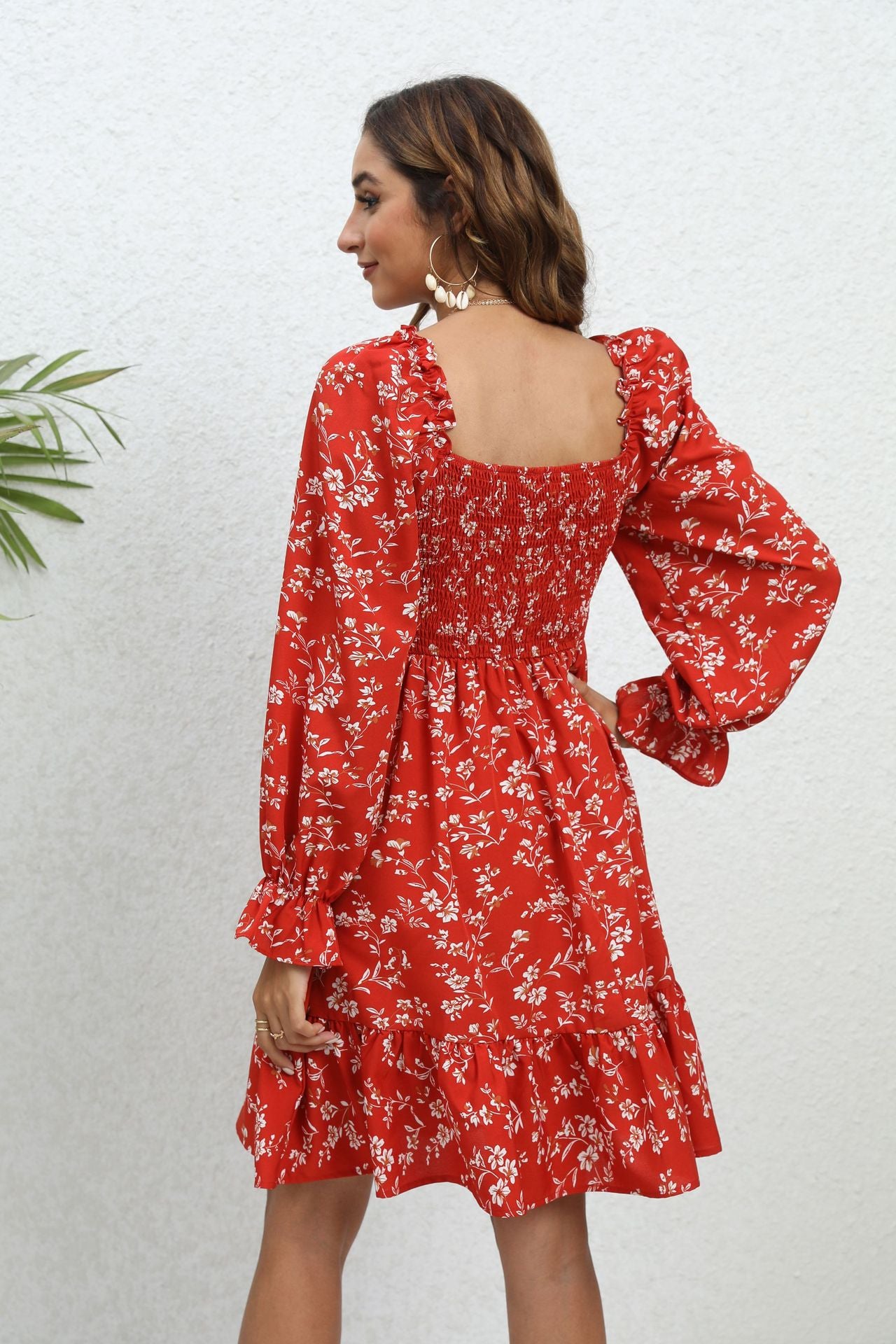 Red Floral Long Sleeve Mid-Length Dress