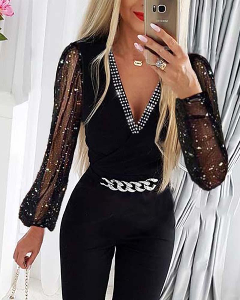 Rhinestone Mesh Jumpsuit