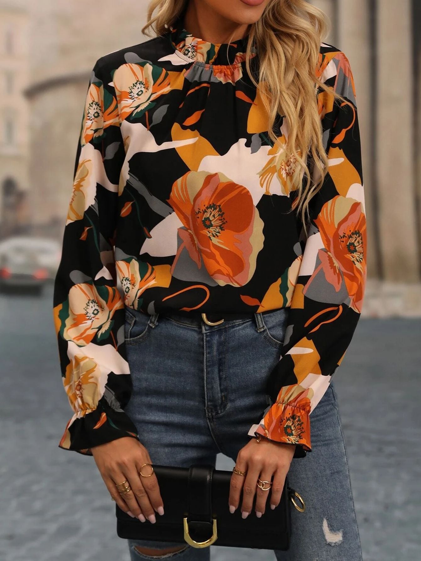 Ruffled Collar Printed Long Sleeve Shirt