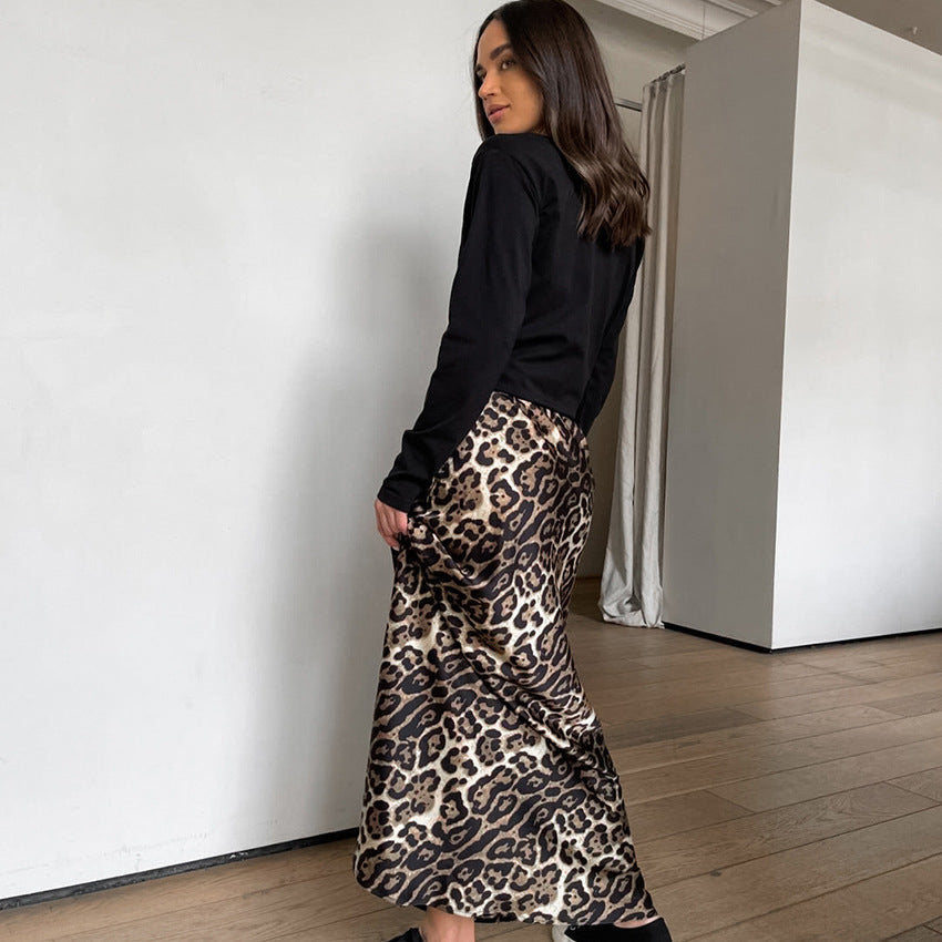 French Leopard Print Versatile High Waisted Skirt