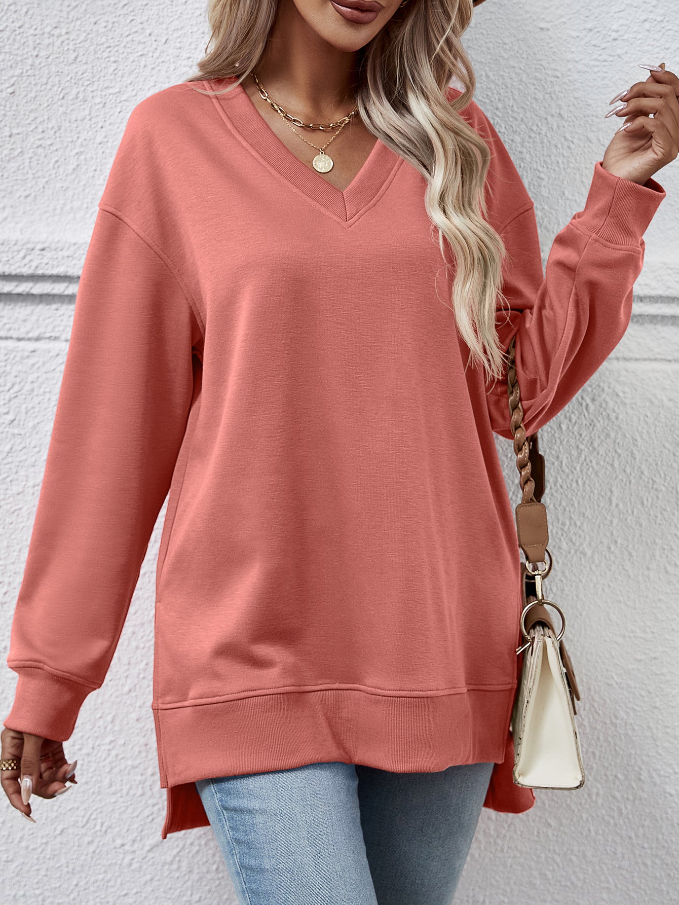 Solid Color And V-neck Sweater