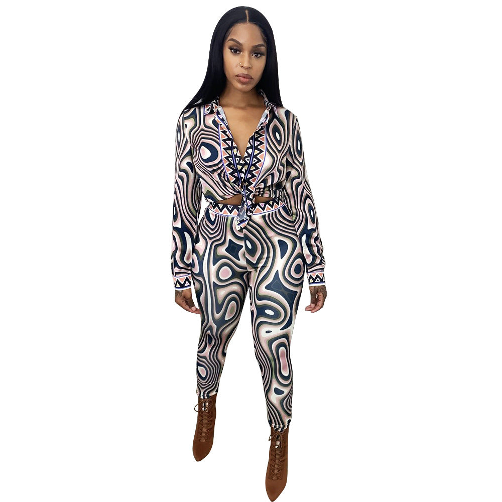 Printed Long Sleeve Tight Casual Suit