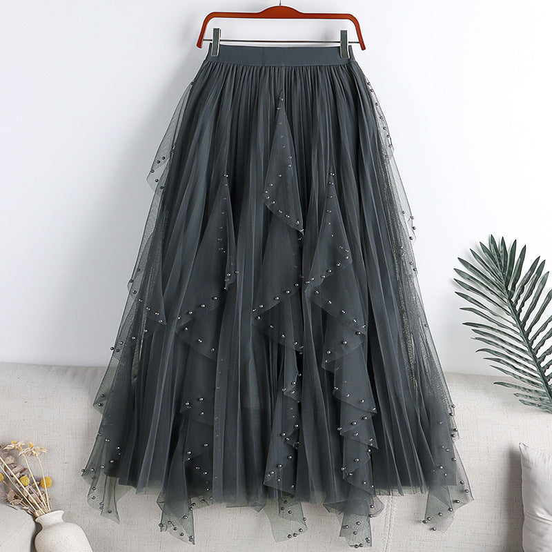 Mesh Beaded + Rhinestone Long A- Line Skirt