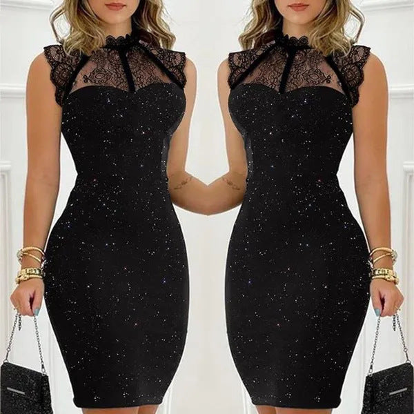 Paillette Sleeveless Lace Short Fitted Dress