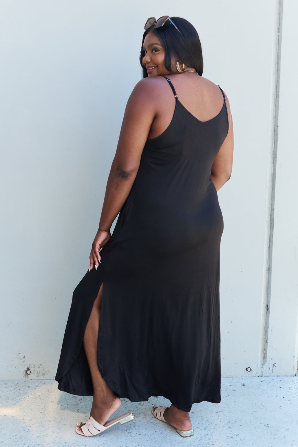 Good Energy Full Size Cami Side Slit Maxi Dress in Black