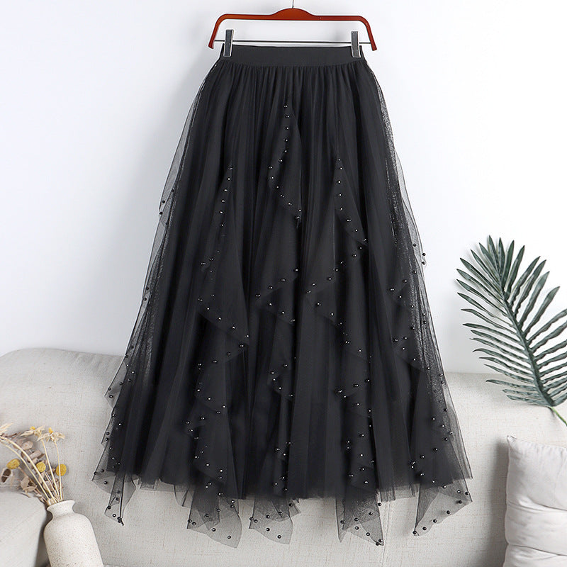 Mesh Beaded + Rhinestone Long A- Line Skirt