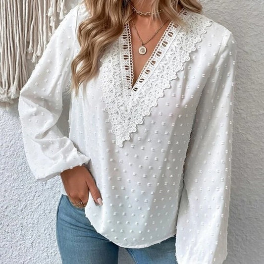 Puff Sleeve Lace V-neck Shirt