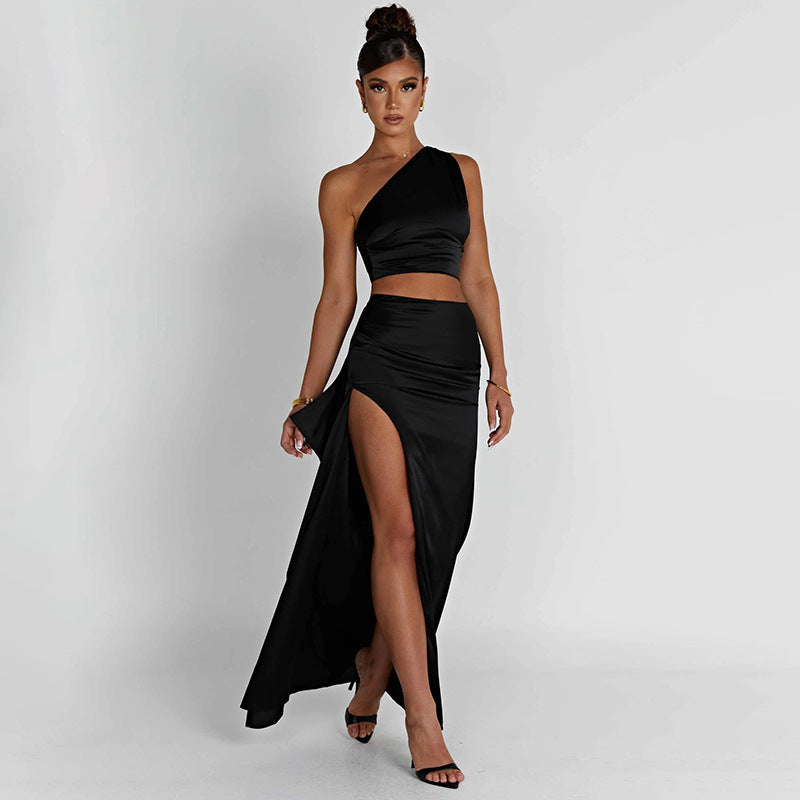 One-shoulder Satin Short Top High Waist Split Maxi Two Piece