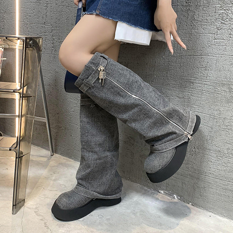 French-style Platform Denim Boots