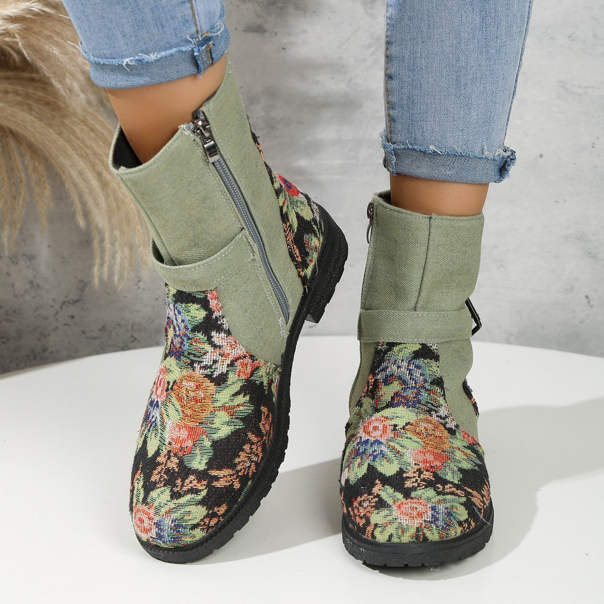 Flowers Print Ankle Boots Women With Belt Buckle