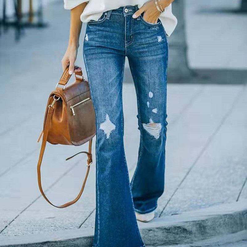 Washed Bell-bottom Pants Elastic Ripped Denim